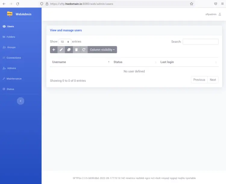 Панель управления sFTPGo