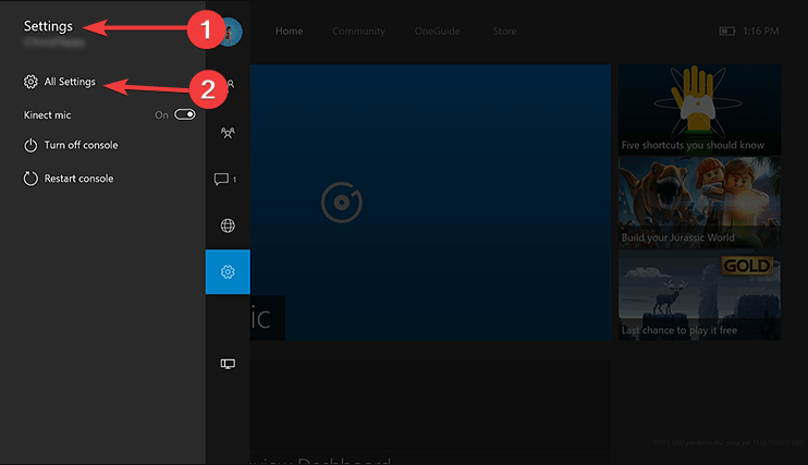 Окно настроек Xbox One