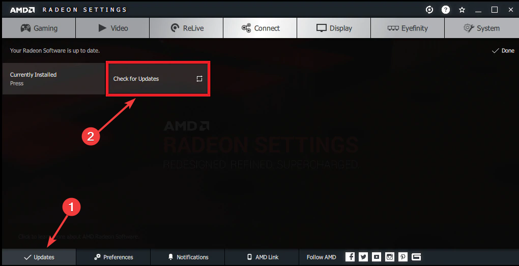 Окно обновлений в настройках AMD