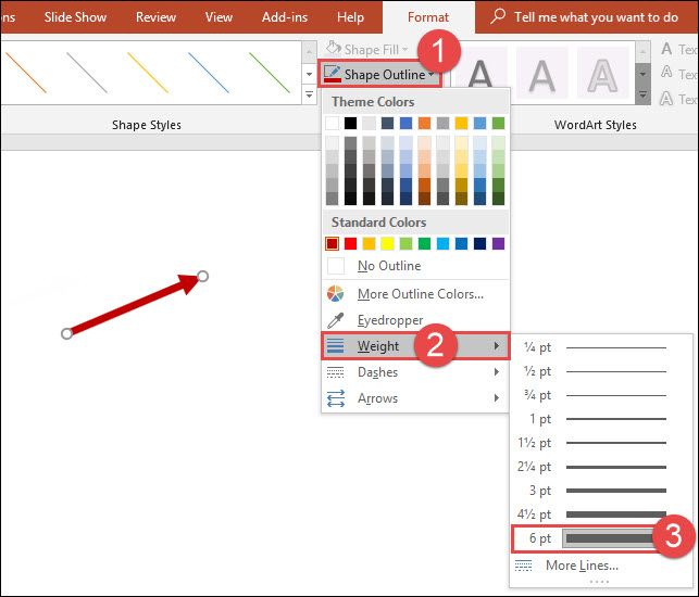 Параметры толщины линии в меню Формат