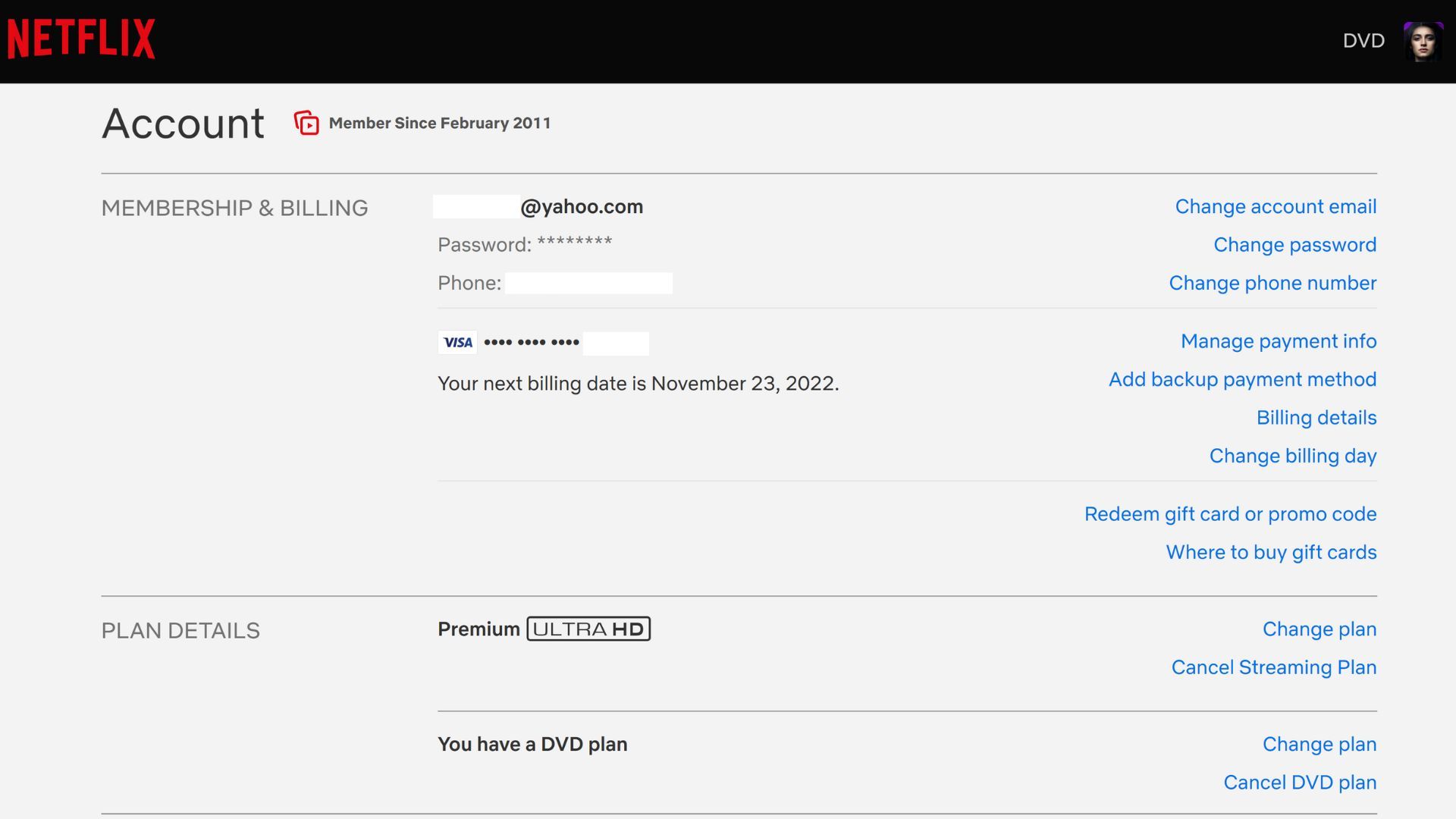 netflix account screen showing membership and billing, and plan details
