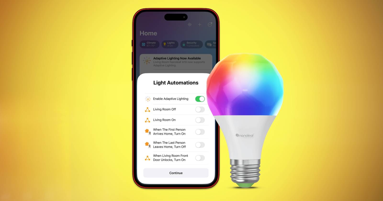 Интерфейс настройки HomeKit Adaptive Lighting на iPhone с лампочкой Nanoleaf