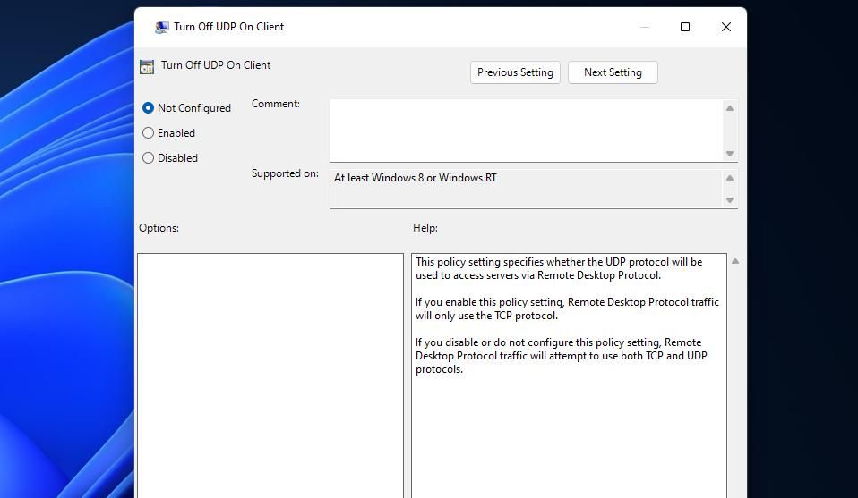 Окно политики Turn Off UDP On Client