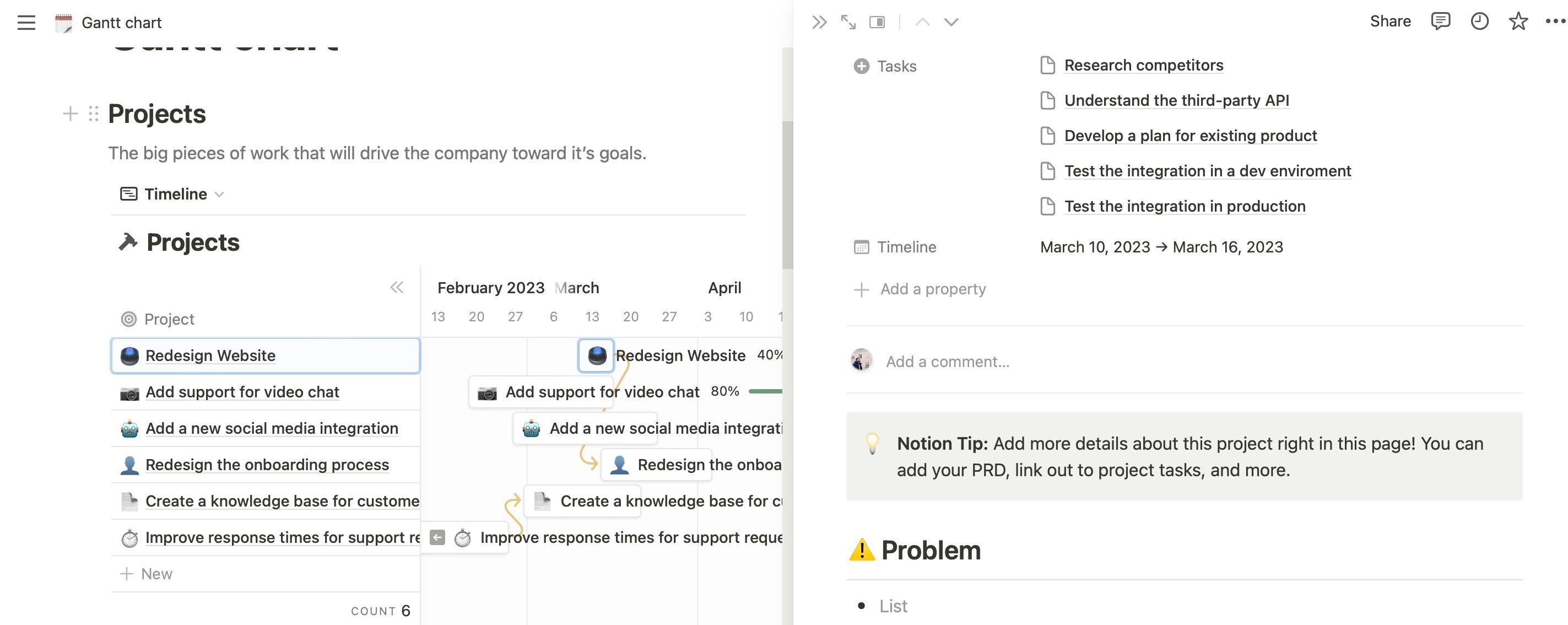 Подзадачи в шаблоне Notion