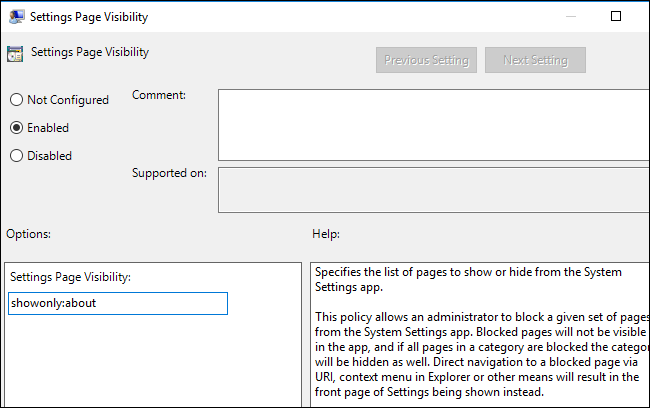 Ввод значения hide или showonly в локальной политике