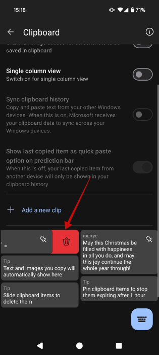 Удаление текстовой карточки в SwiftKey