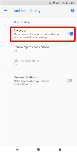 Тумблер Always On Ambient Display включён