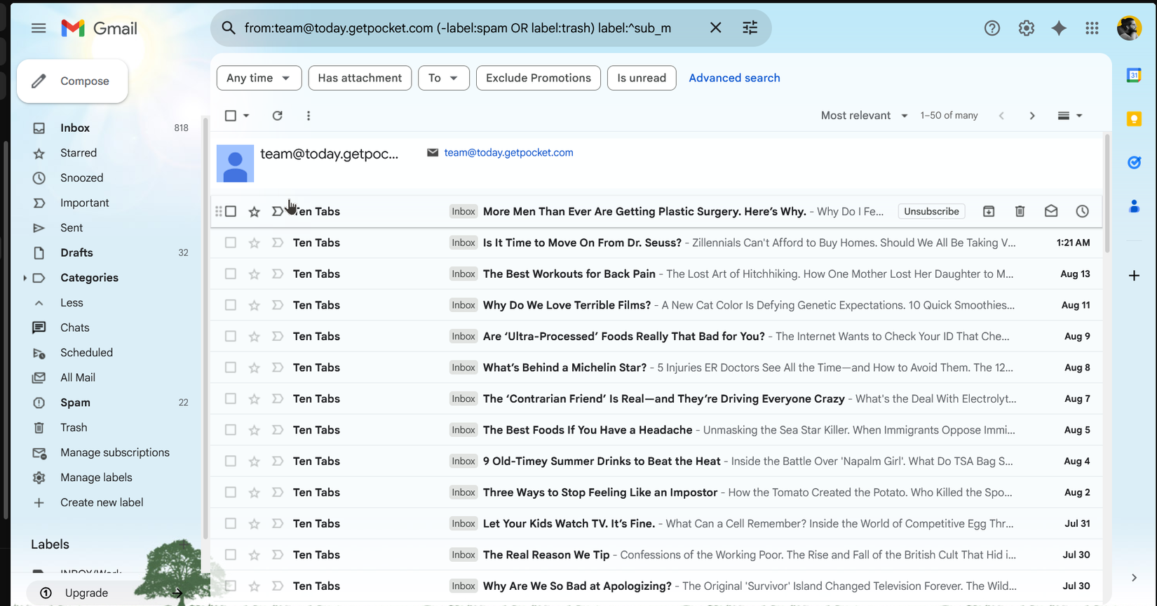Детали подписки в вкладке управления подписками с историей писем отправителя.