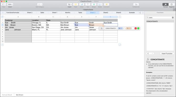 Объединение текста в Numbers
