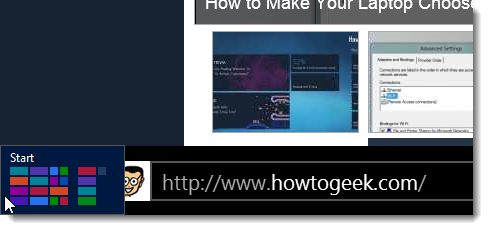 Скриншот: мини-кнопка Пуск в нижнем левом углу, свертывание Metro-приложения