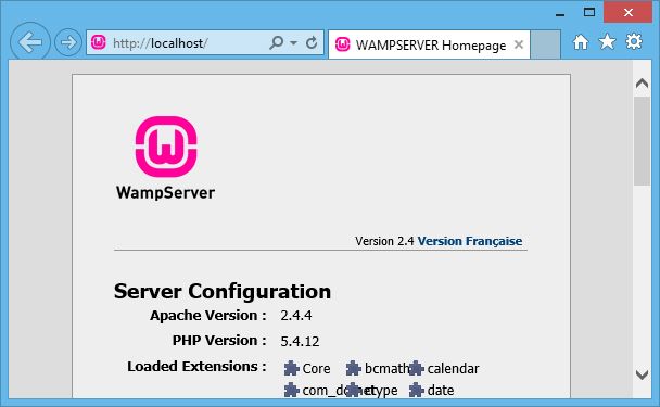 Стартовая тестовая страница WampServer в браузере