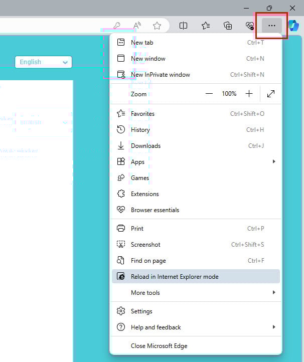 Пункт меню Перезагрузить в режиме Internet Explorer в Edge