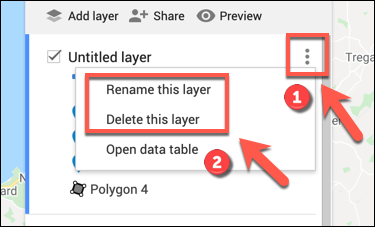 Опции переименования и удаления слоя в редакторе Google My Maps