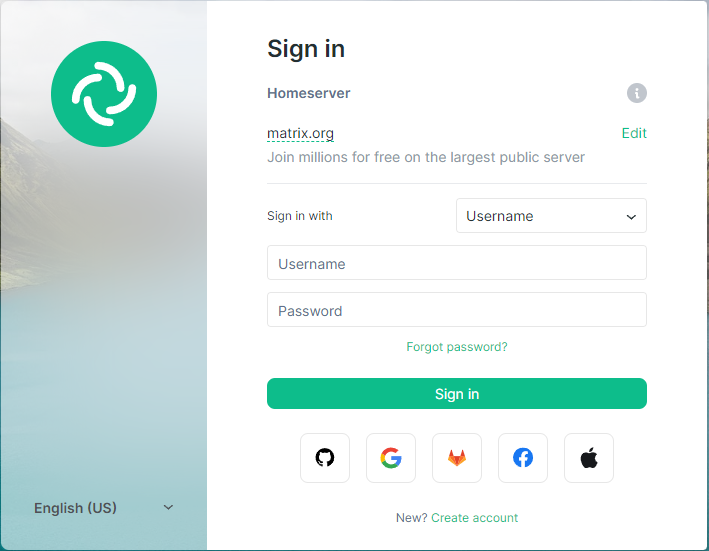 Страница входа Element Web