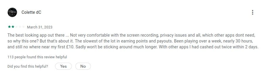 Отзыв в магазине приложений с критикой функции записи экрана Mistplay