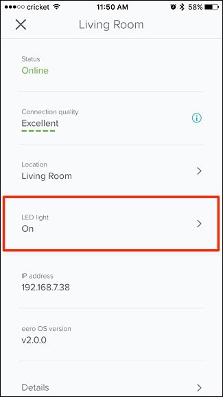 Параметр LED light в настройках устройства Eero