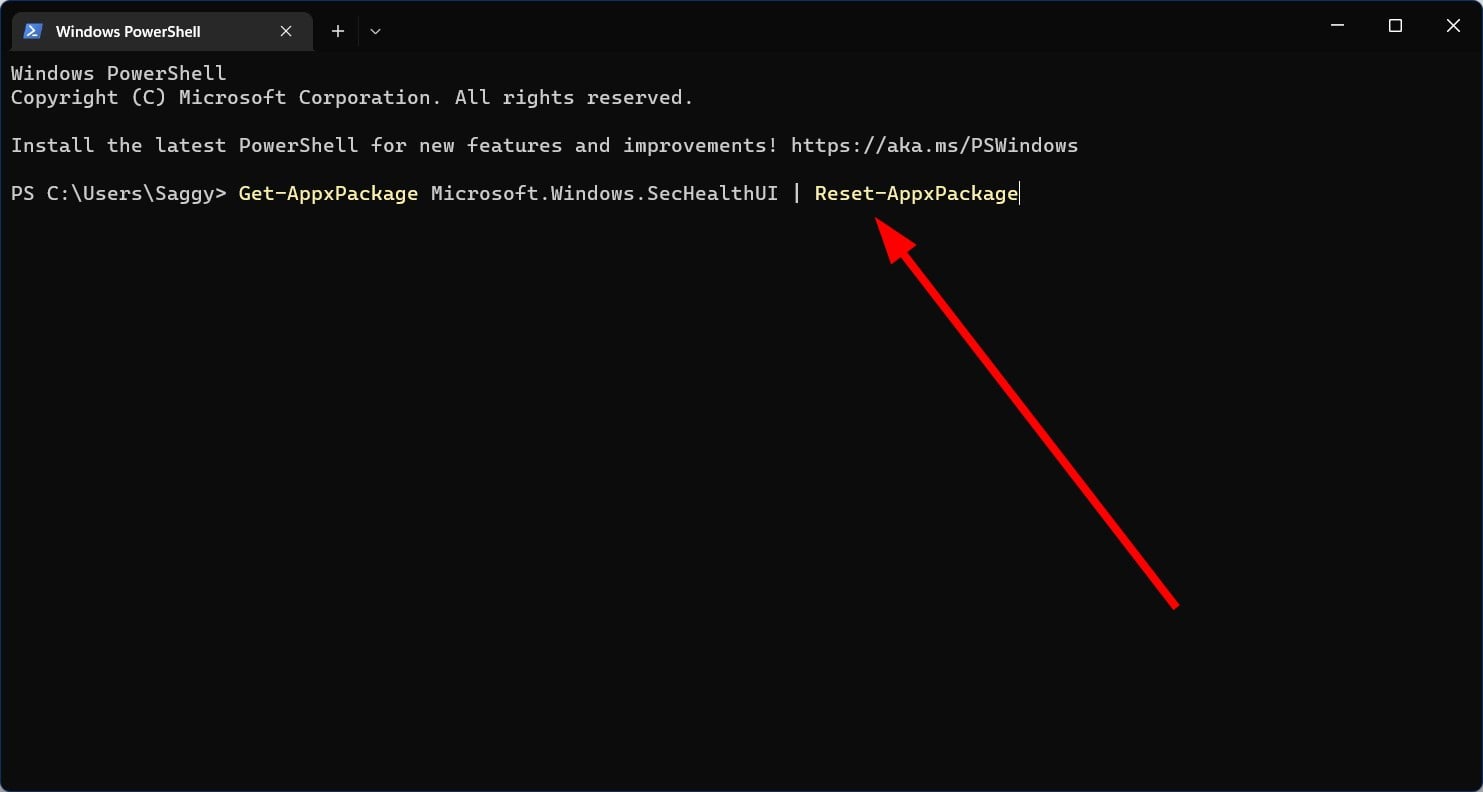 Команда для сброса пакета Windows Security