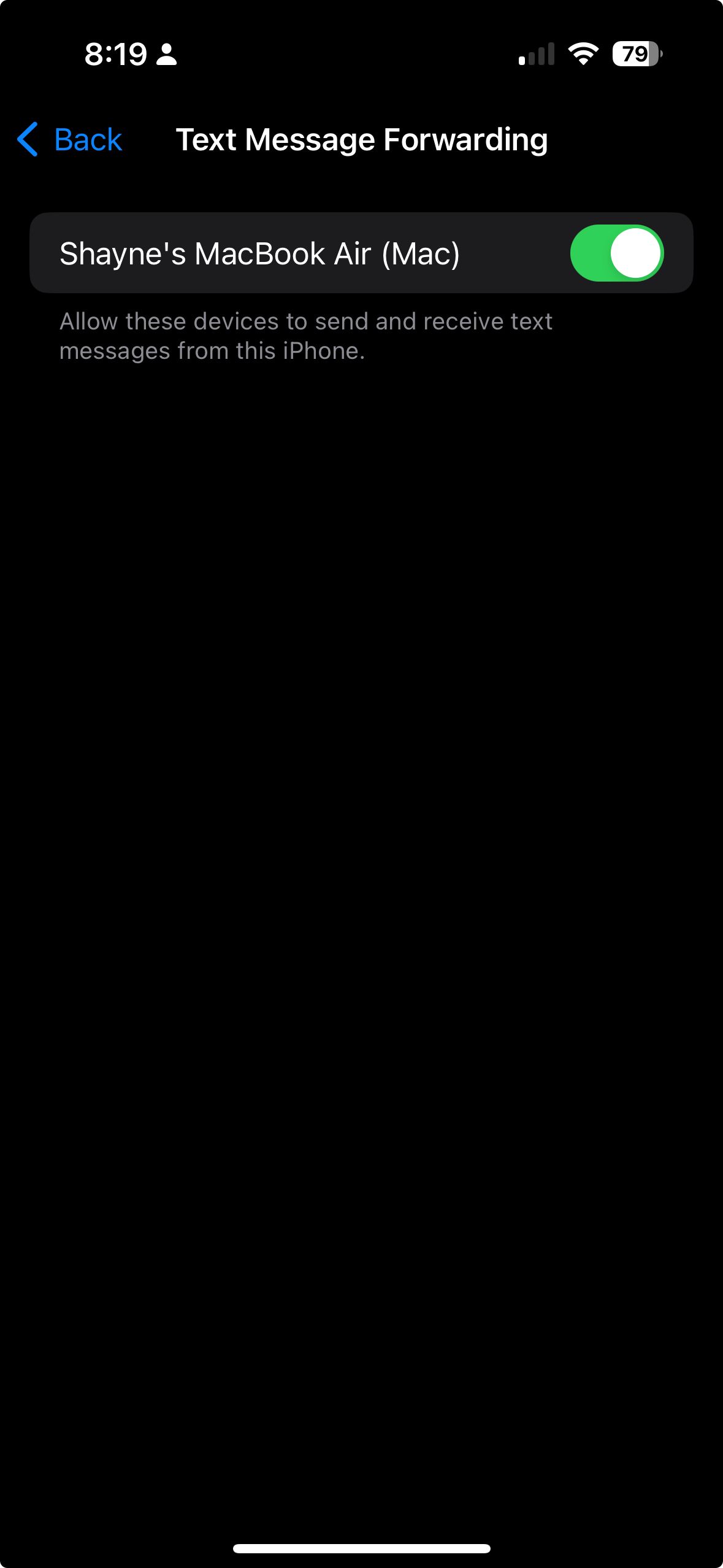 Text Message Forwarding on Mac turned on