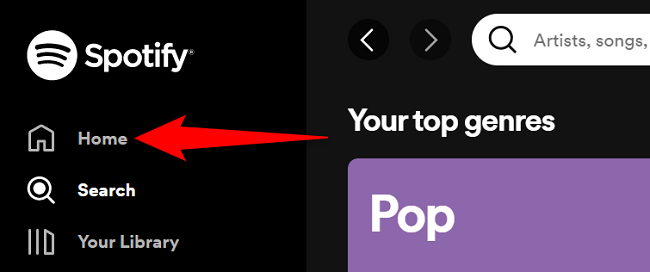 Выбор Home в левой боковой панели веб‑плеера Spotify