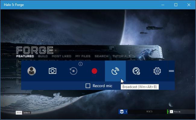 Game Bar с кнопкой трансляции и горячими клавишами