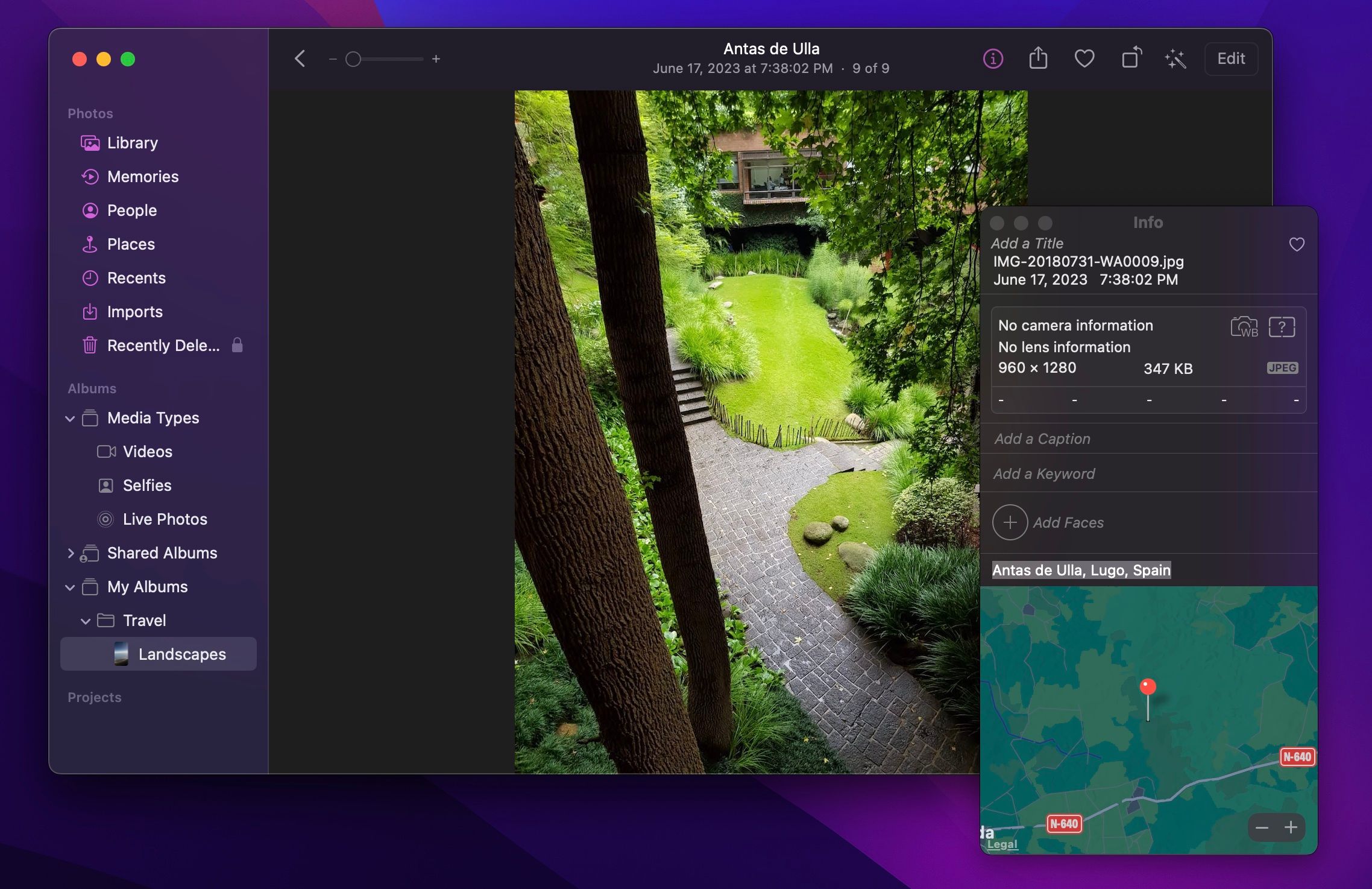 Информационная карточка фото в приложении «Фото» на Mac