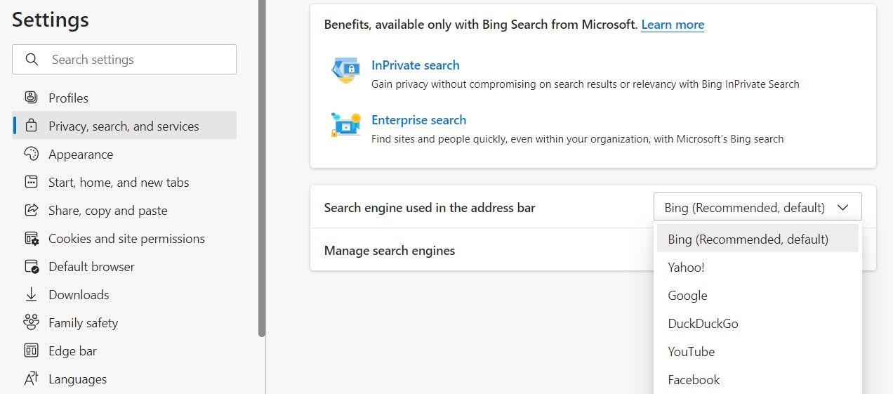 Смена поисковой системы в настройках служб Microsoft Edge