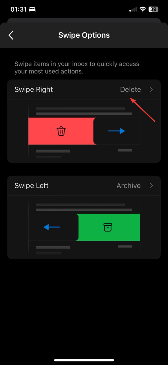 Пример использования свайпа для удаления писем