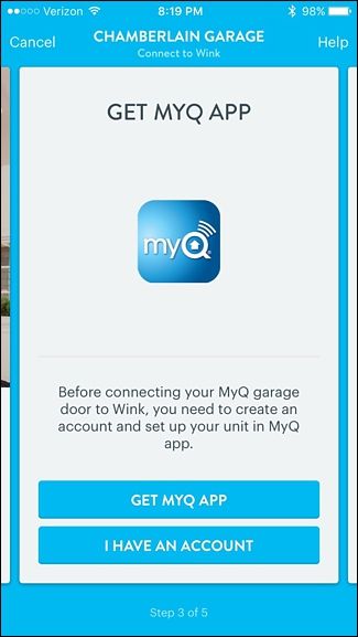 Экран подключения аккаунта MyQ в Wink