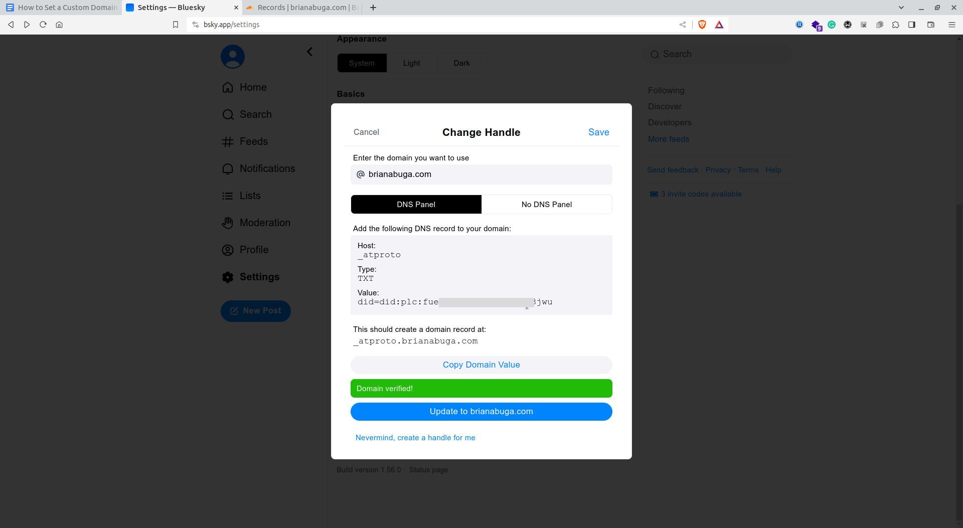 Уведомление о подтверждённом собственном домене в Bluesky