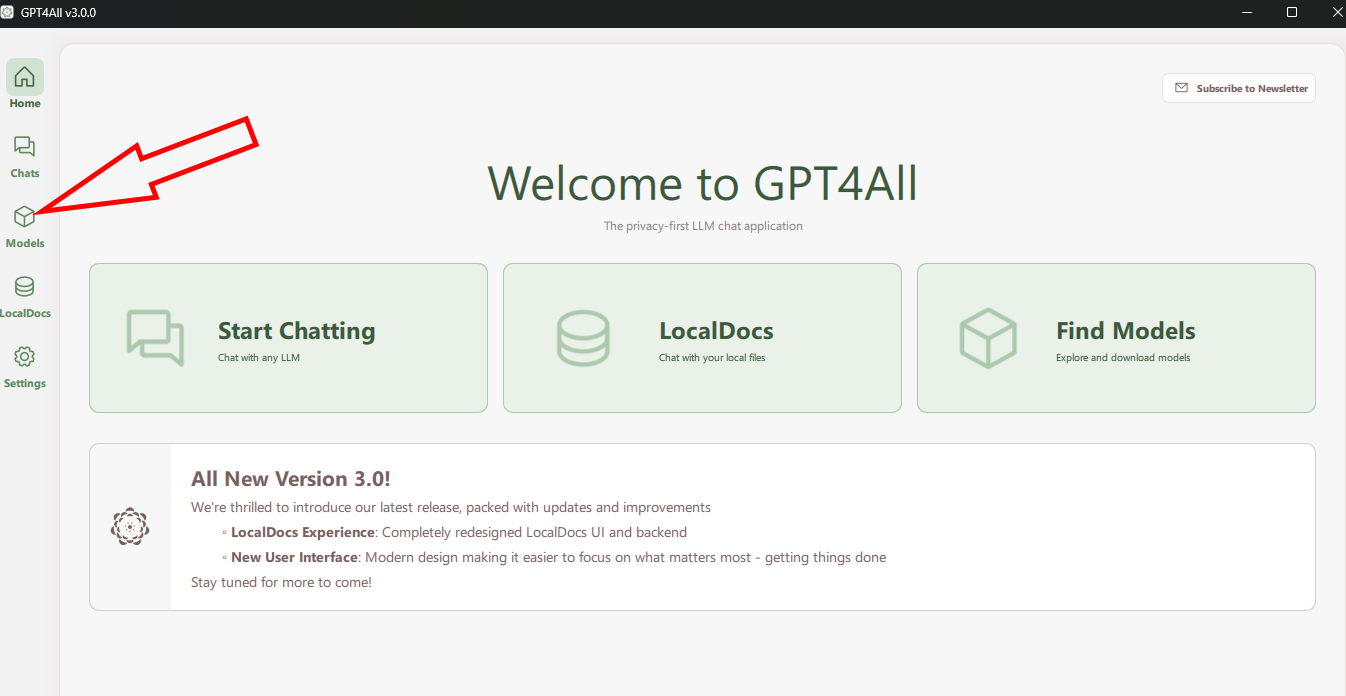 Окно запуска GPT4All.
