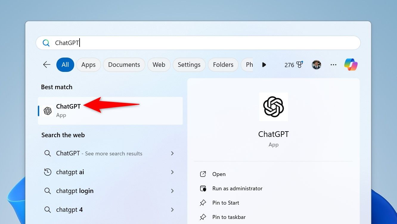 ChatGPT выделено в поиске Windows.