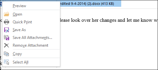 Контекстное меню вложения с вариантами сохранения и удаления