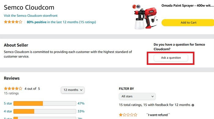 Кнопка «Задать вопрос» продавцу на странице товара Amazon.