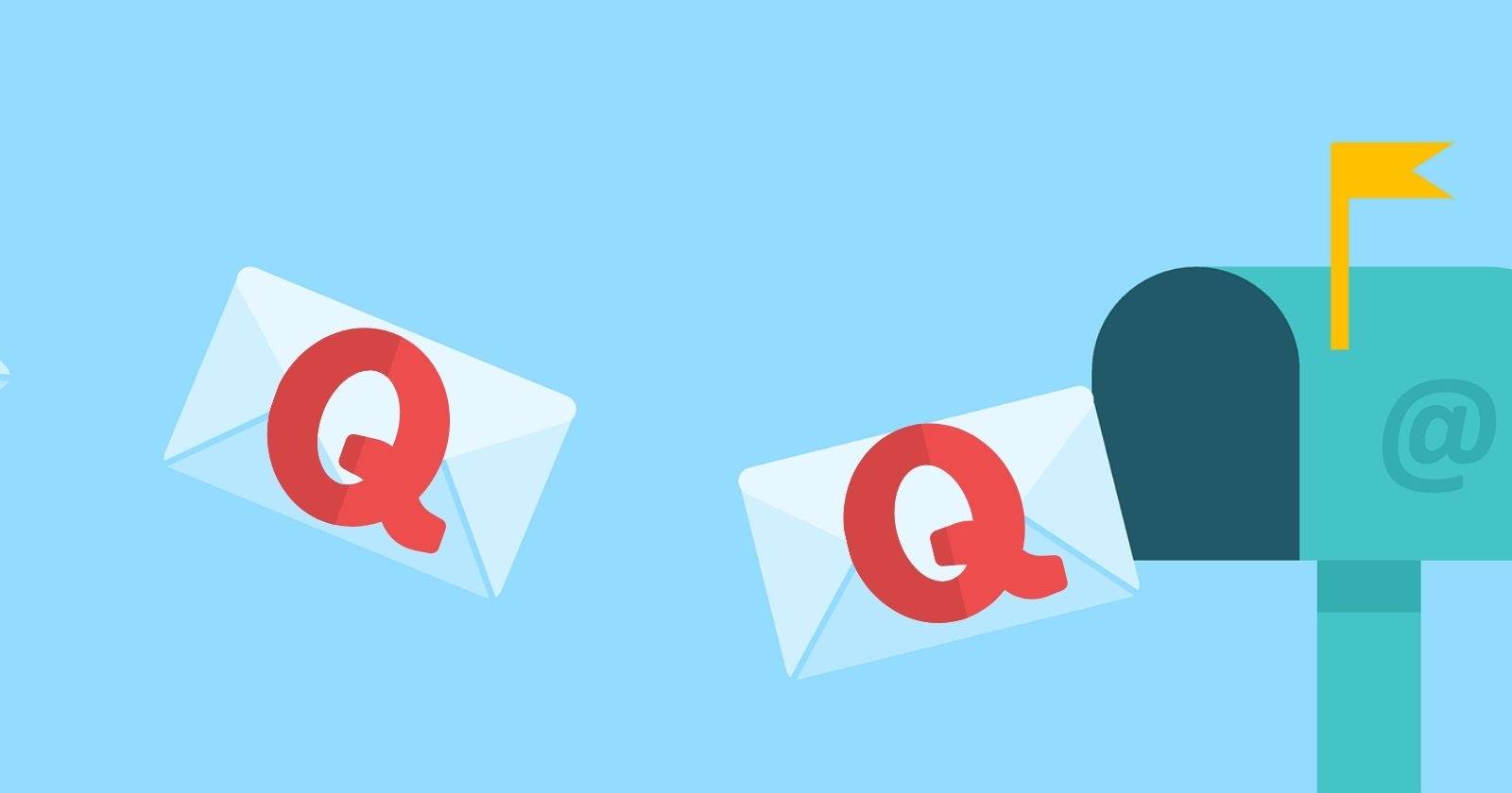 Несколько конвертов с логотипом Quora, летящие к почтовому ящику.