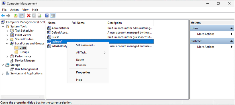 Диалог управления компьютером с разделом Локальные пользователи и группы