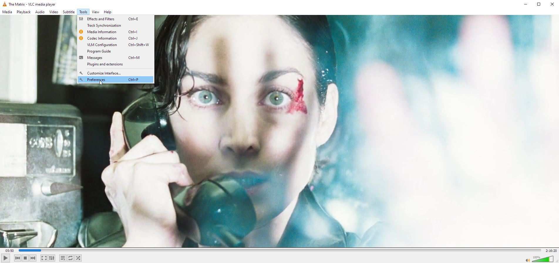 Меню настроек VLC