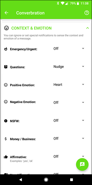 Экран Context & Emotion с переключателями категорий