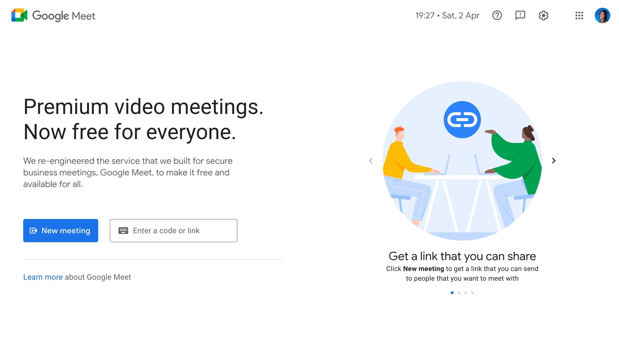 Окно Google Meet с кнопкой New Meeting