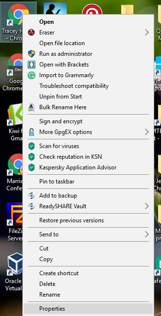 Chromeショートカットのプロパティメニューのスクリーンショット