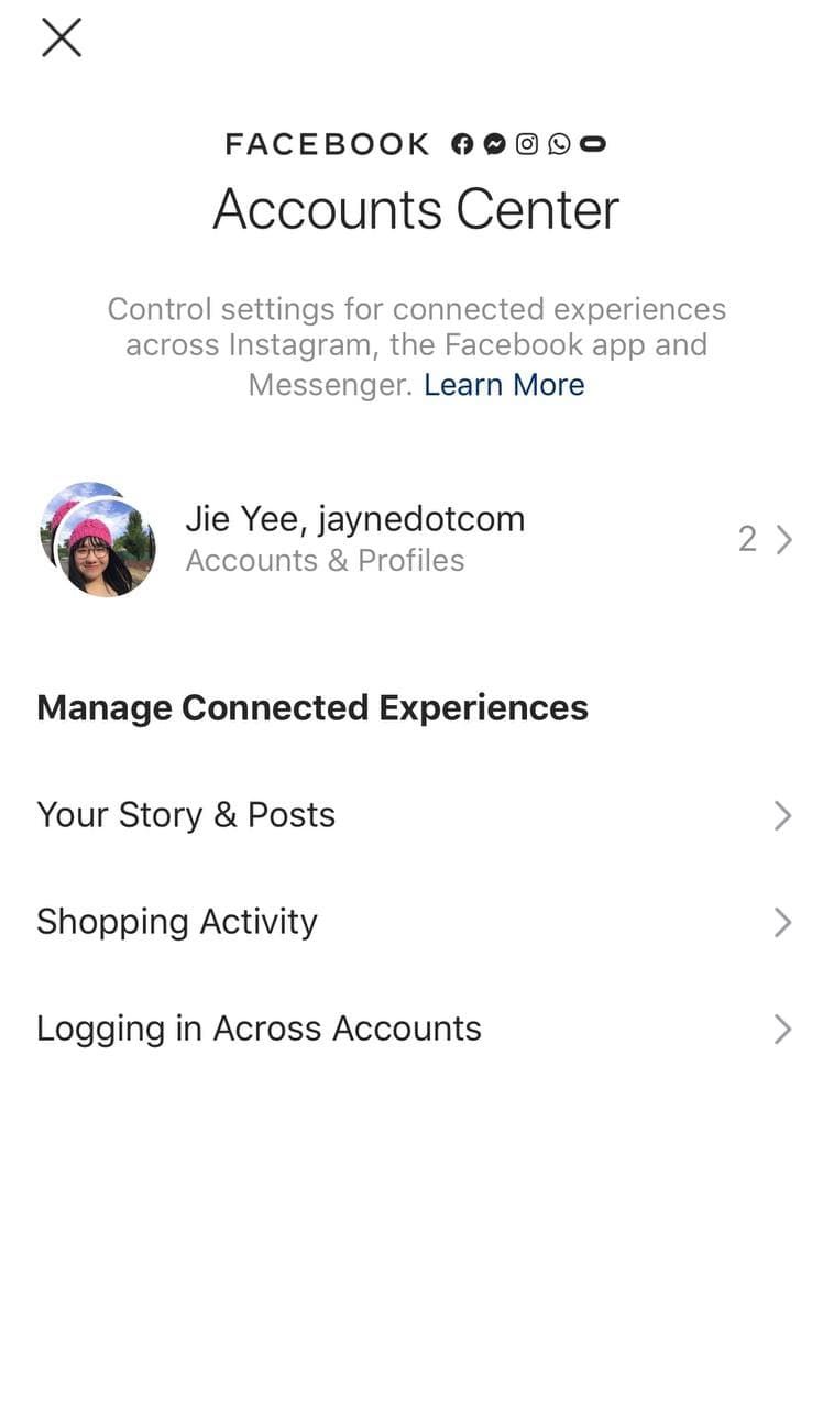 Скриншот связанных аккаунтов в Центре учётных записей Instagram