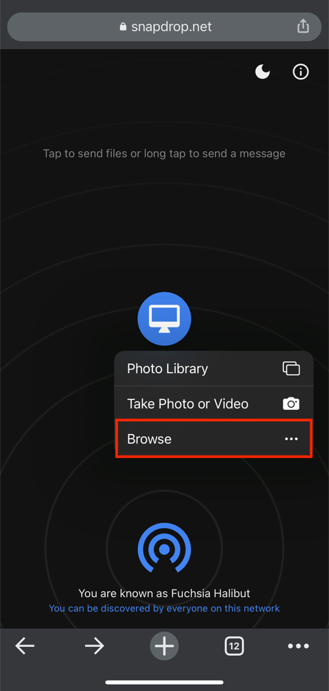 iPhone выбор фотографий для отправки в Snapdrop