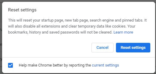 Кнопка восстановления настроек по умолчанию в Chrome