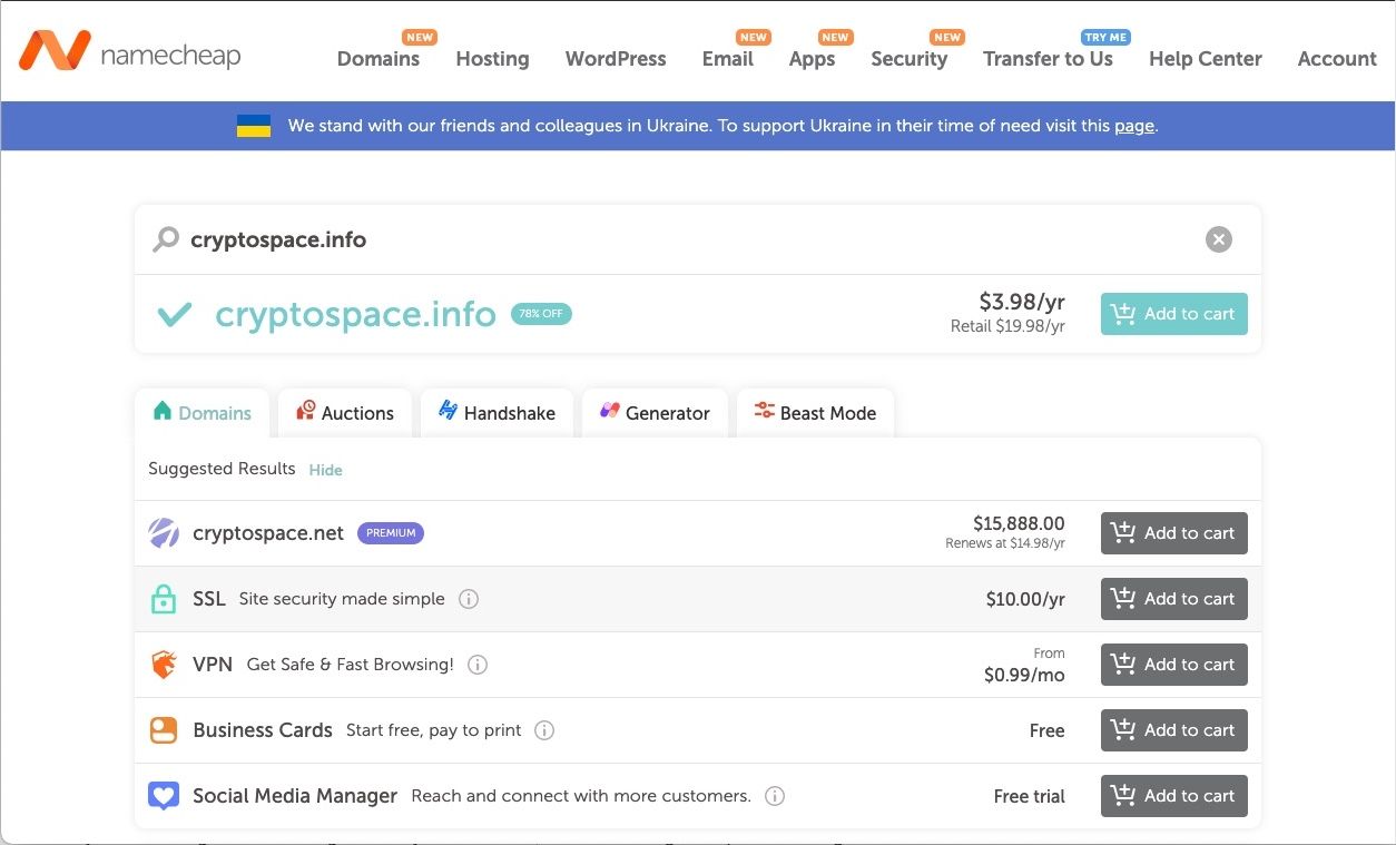 An example of a domain name lookup on Namecheap