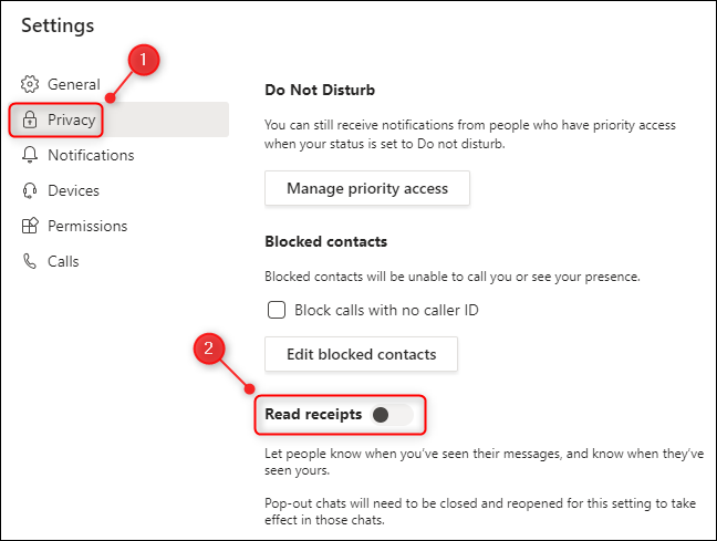 Параметр «Отметки о прочтении» в настройках Teams
