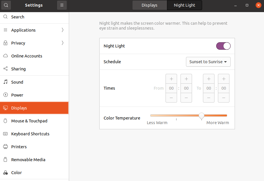 Настройки Night Light (Ночной свет) в Ubuntu