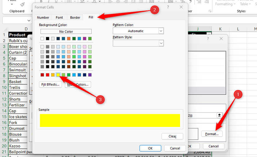 Выбран жёлтый залив для условного форматирования.