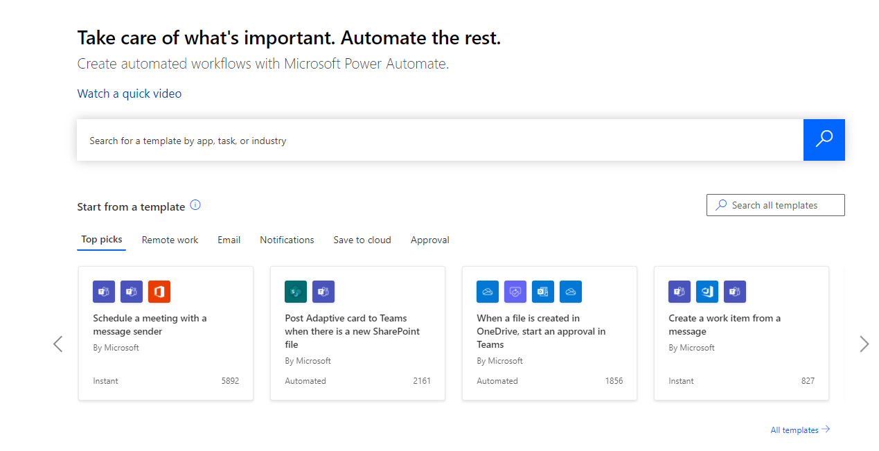 Домашняя страница Microsoft Power Automate с примерами шаблонов