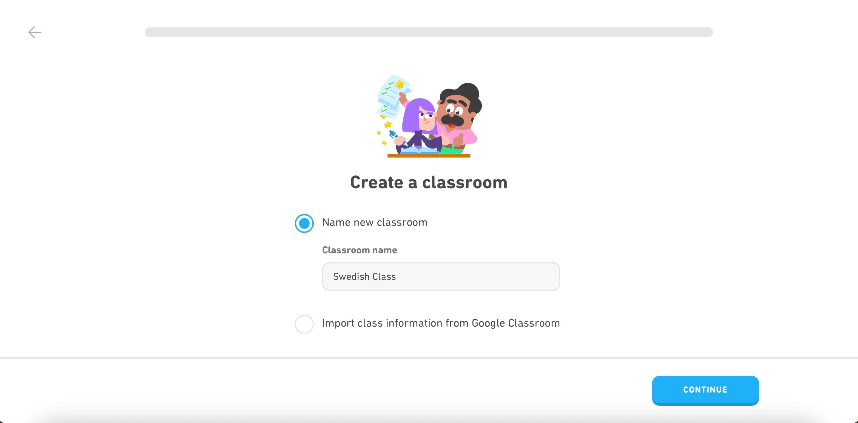 Создать новый класс в Duolingo for Schools: окно создания класса