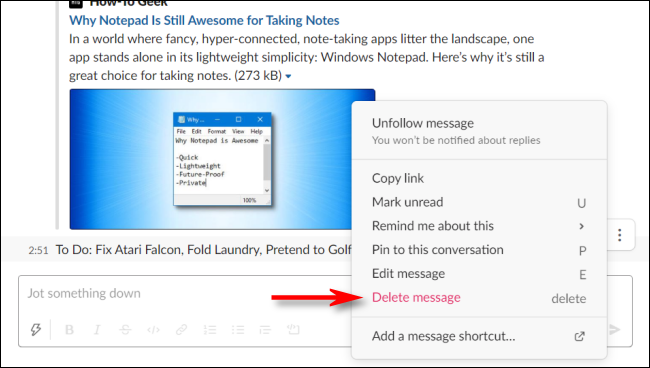 Нажмите «Удалить сообщение», чтобы удалить заметку себе в Slack