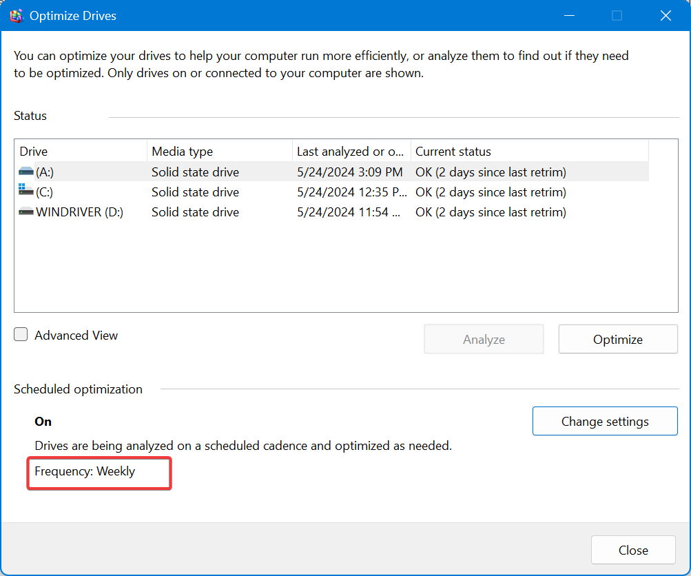 Информация о частоте оптимизации диска в приложении Windows